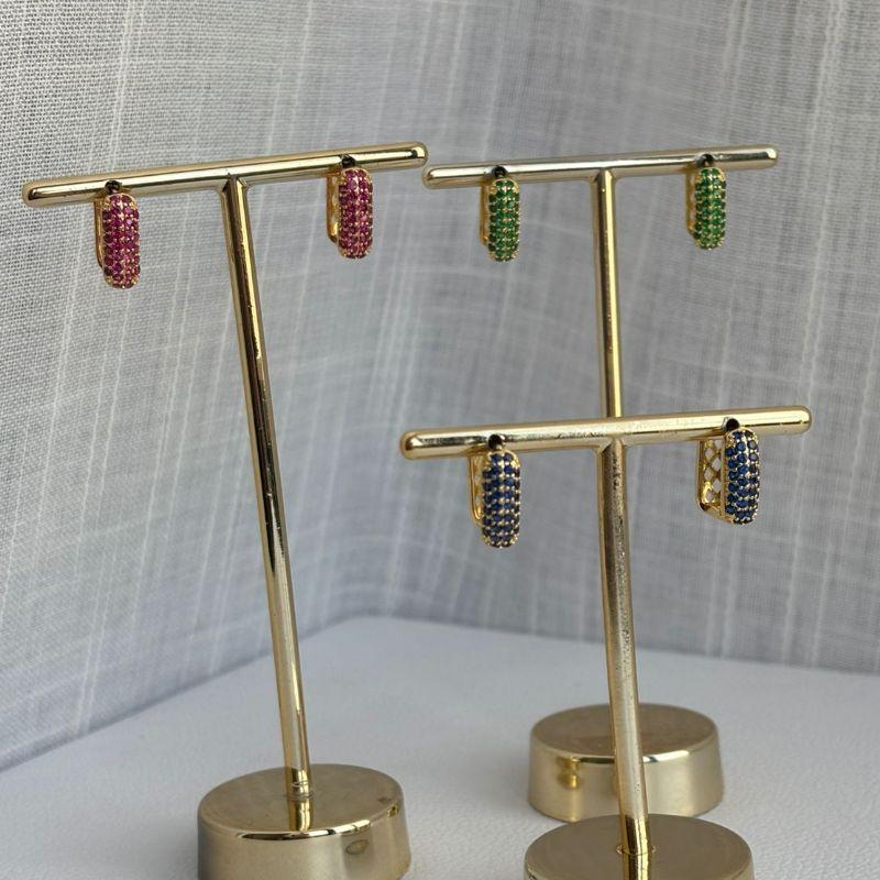 Brinco Argola Quadrada Pavê Rubi, Azul e Verde