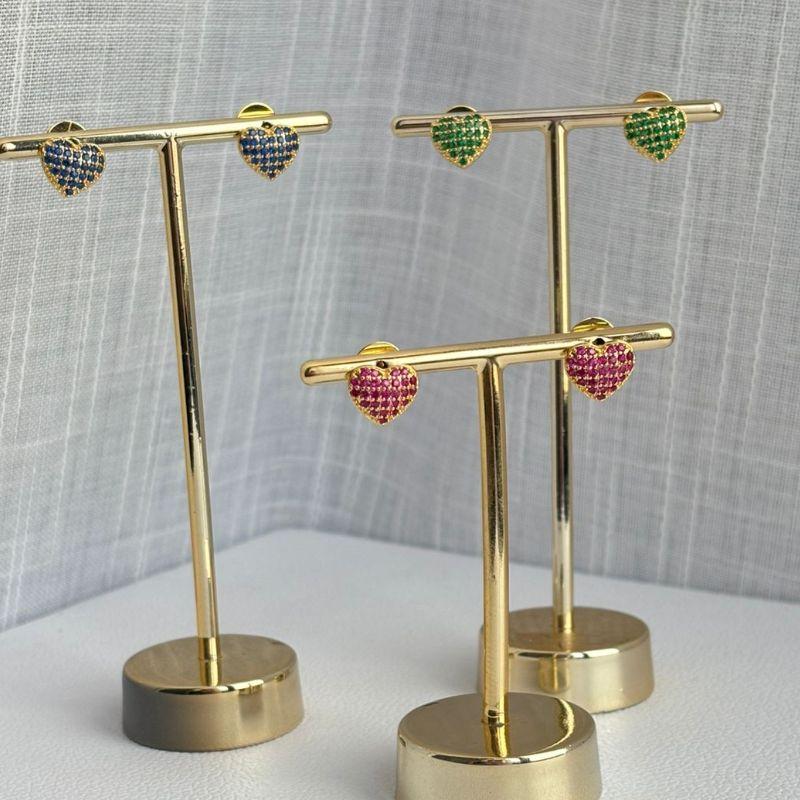 Brinco Coração Rubi, Verde e Azul