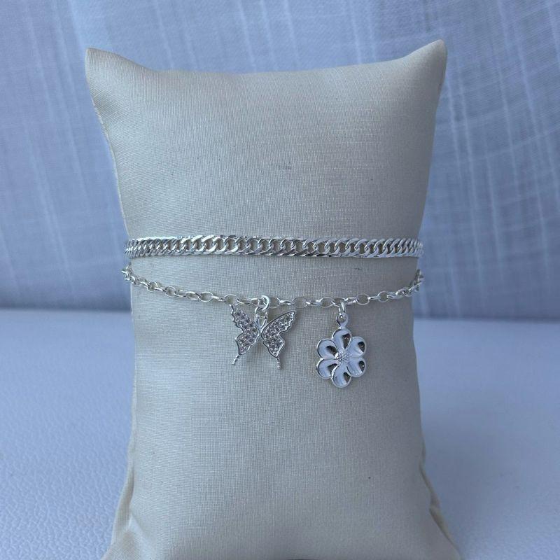 Pulseira Dupla Borboleta e Flor
