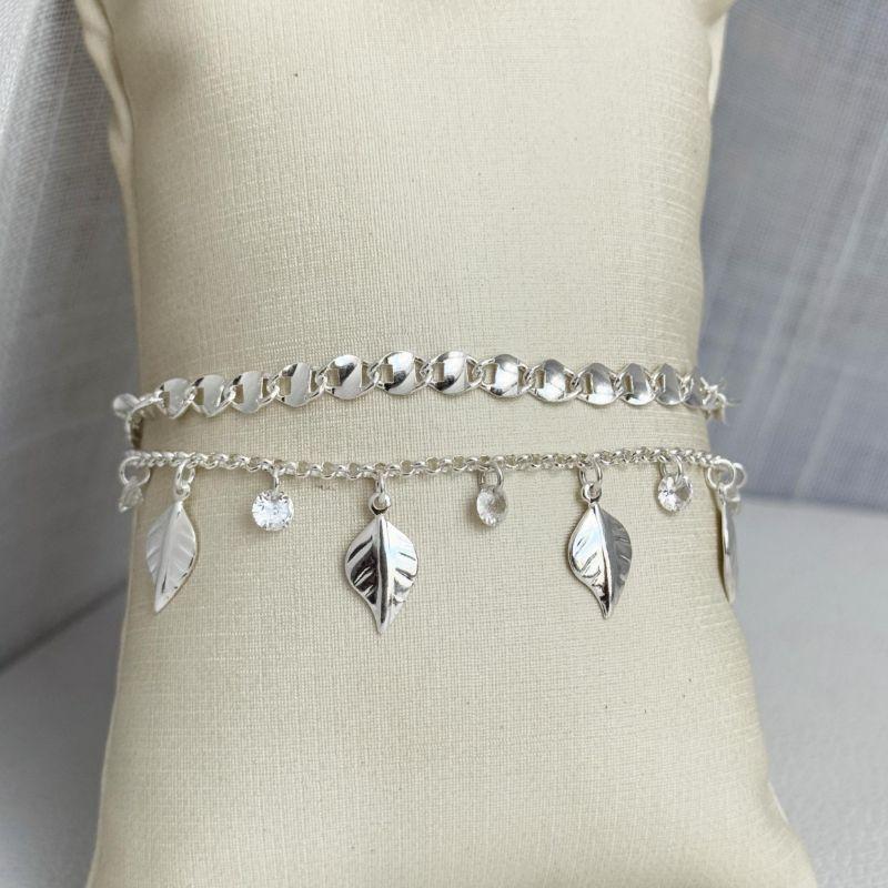 Pulseira Dupla Folha e Cristal